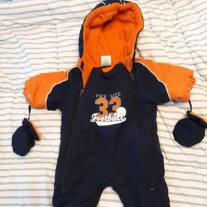 Baby snowsuit with attached mittens